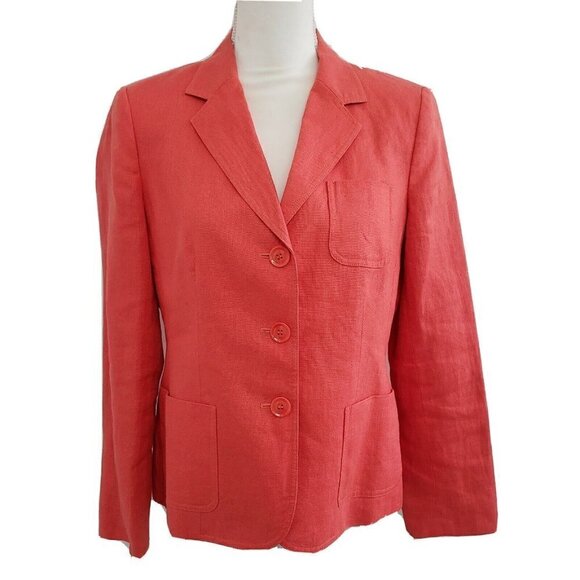 Talbots 100% Irish Linen 3 Button Sz 10 Petite Women's Orange Lined Blazer - Picture 1 of 7